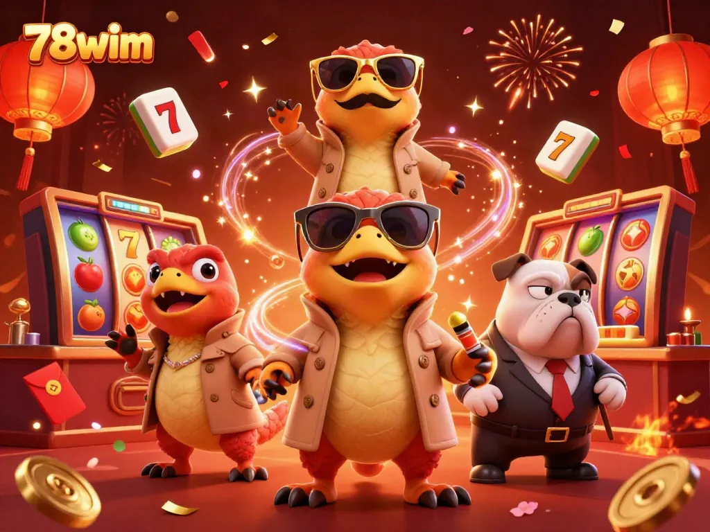Experience the excitement of 78wim with playful raptors in a trench coat entering a casino, surrounded by vibrant gaming elements.