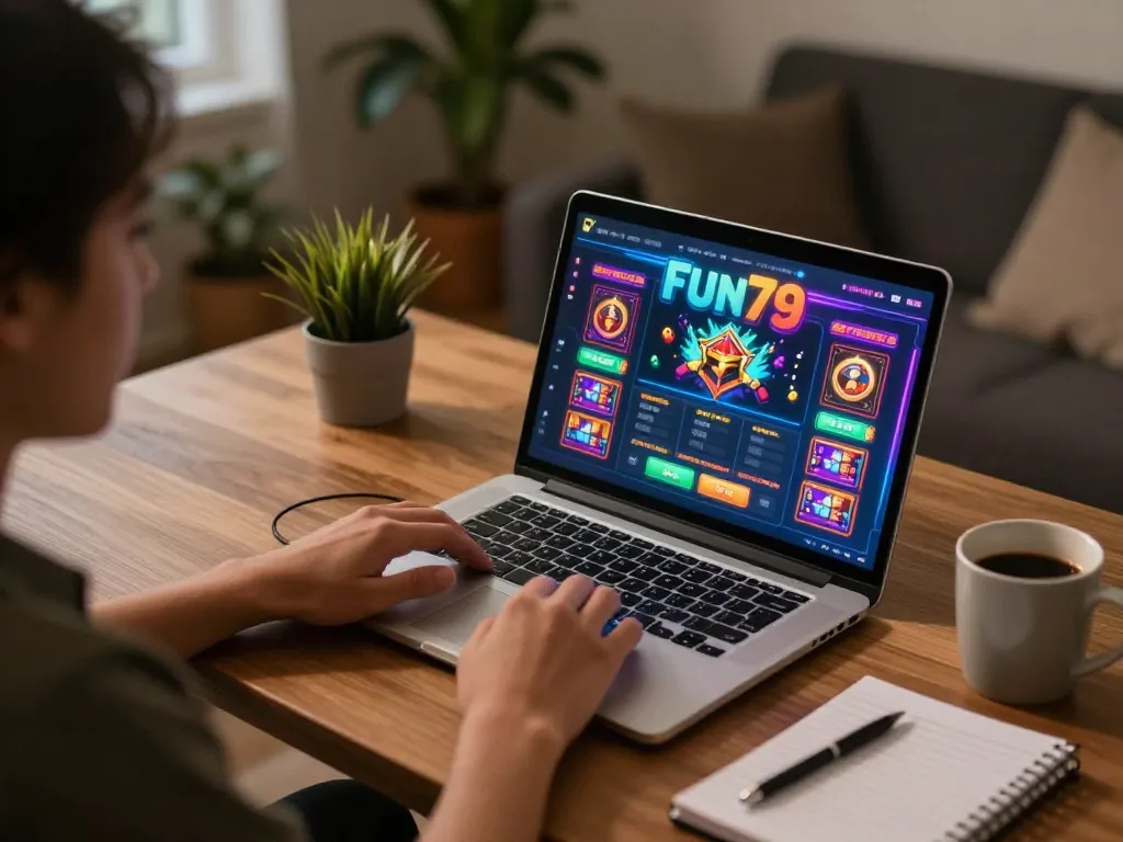 Engaged user playing fun79 online casino from a cozy home desk on a laptop