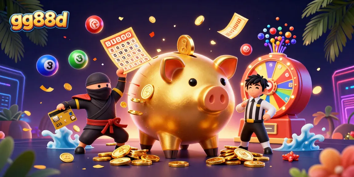 Engage in thrilling casino action with gg88d's vibrant characters surrounded by colorful lottery elements.