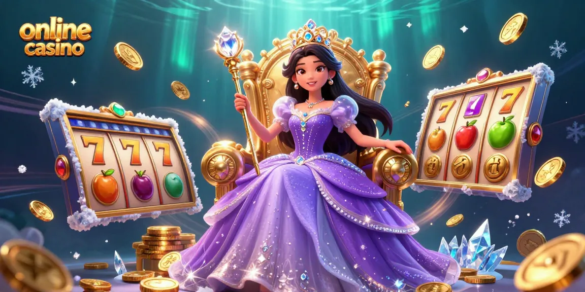 Engage with the vibrant online casino world through a royal illustration featuring an elegant princess amidst dynamic slot games.