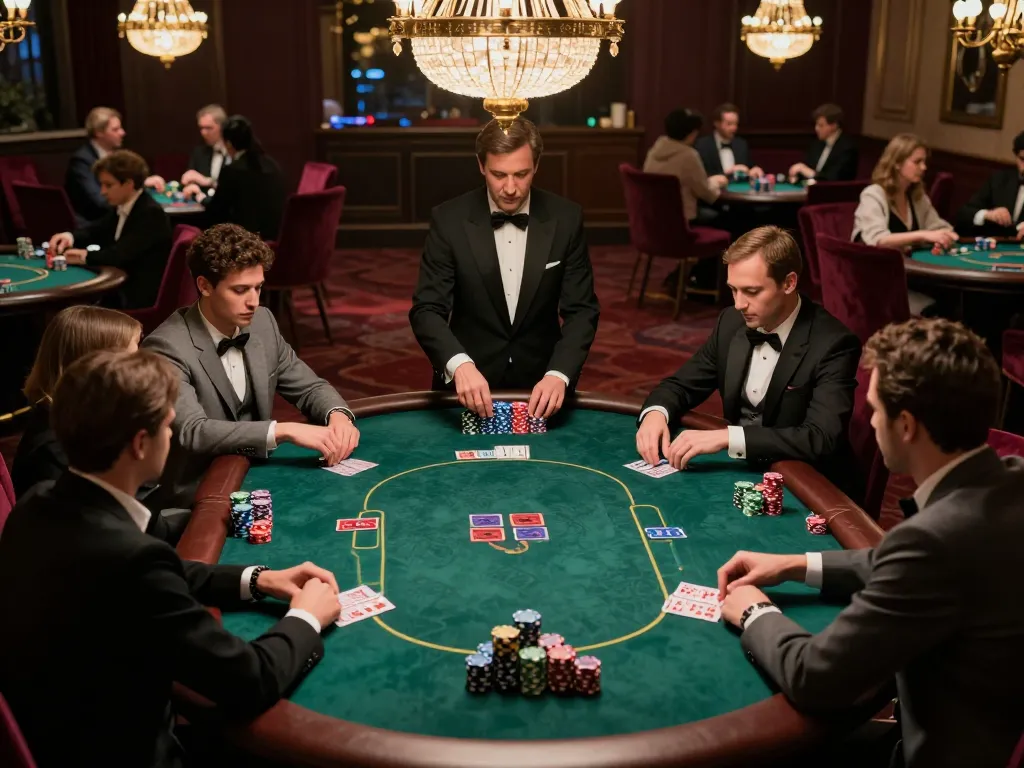 Các người chơi LUCK8 đang chiến lược cho ván cược tiếp theo trong một trò chơi poker cao cấp với những chồng jeton sống động