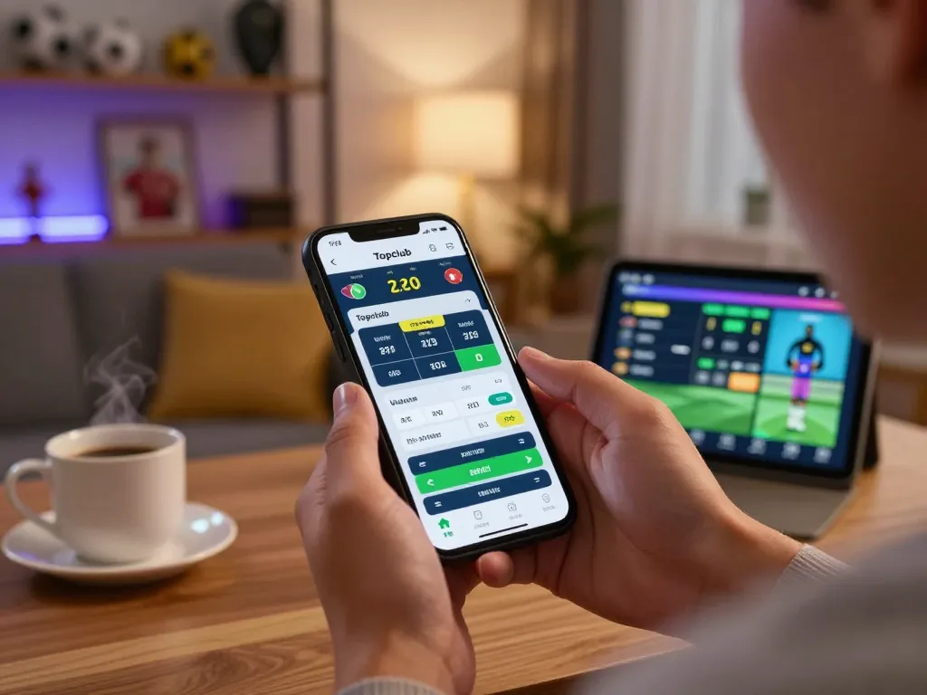 Betting with the Topclub app on smartphone in a cozy living room, showcasing excitement.