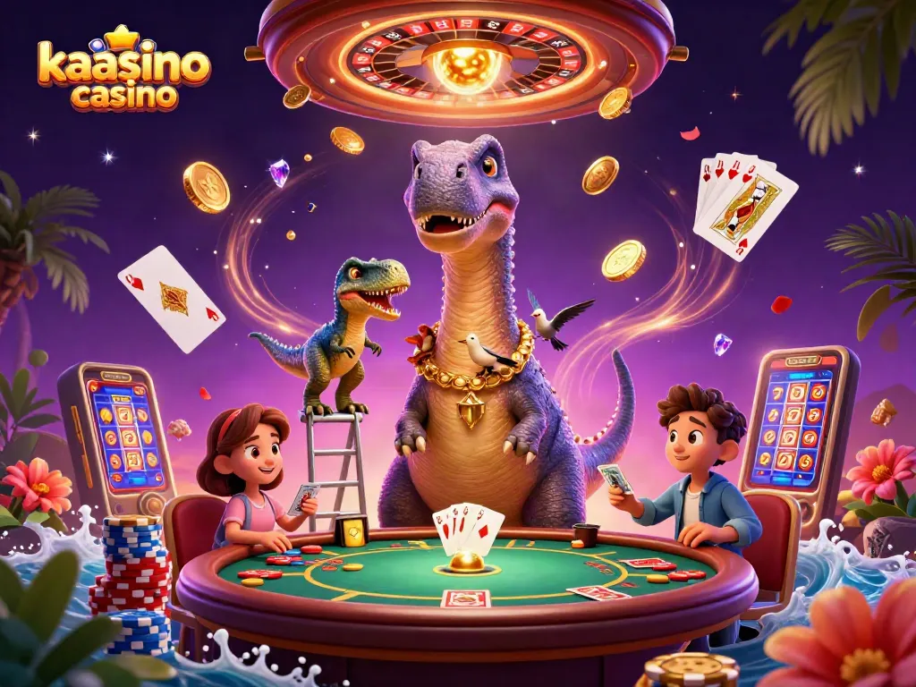 Experience excitement at kaasino casino with a whimsical 3D dinosaur dealer scene amidst vibrant gaming elements.