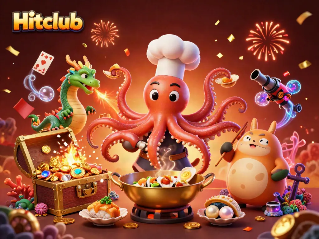 Hitclub scene showcasing a vibrant sushi chef octopus, dragon, and tanuki customer amidst casino elements.
