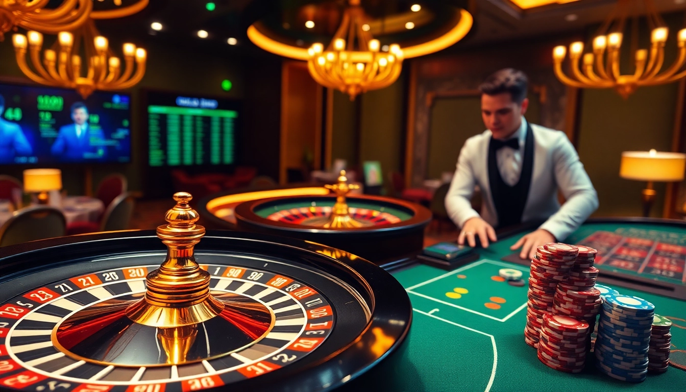 Experience the excitement of TRANG CHỦ LUCK8 with a vibrant online casino layout featuring a roulette wheel and poker chips.