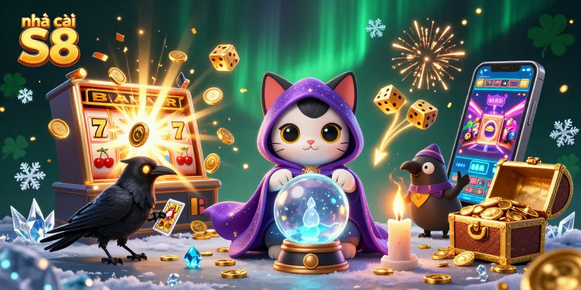 Engage your luck with nhà cái S8's vibrant casino scene featuring a magical cat and tarot raven.