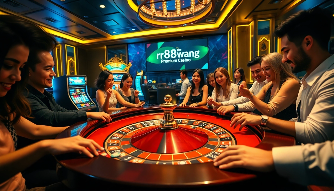 Players enjoying a roulette game at rr88wang.com, decorated with vibrant casino elements.