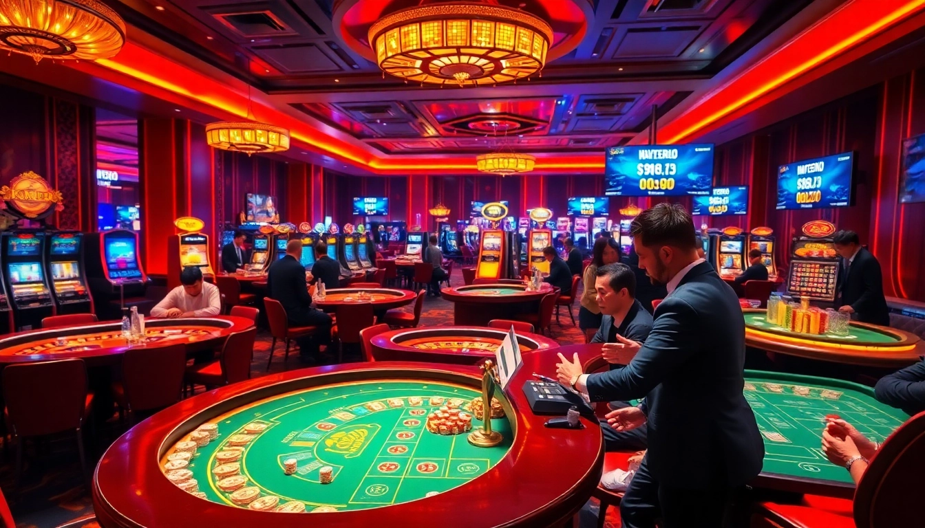 Exciting gambling scene featuring casino tables and players enjoying nk88 net games.