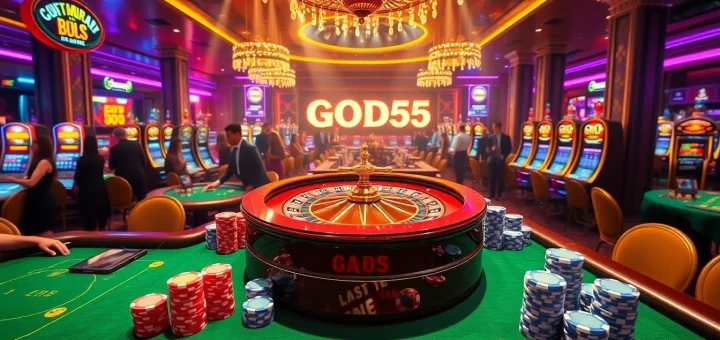 Players celebrating wins at the GOD55 casino, featuring poker games and vibrant slot machines.