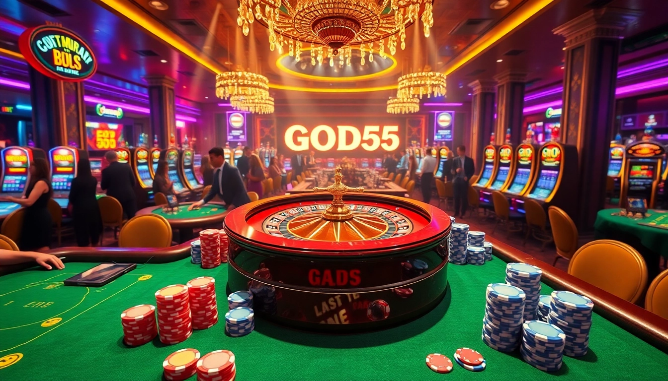 Players celebrating wins at the GOD55 casino, featuring poker games and vibrant slot machines.