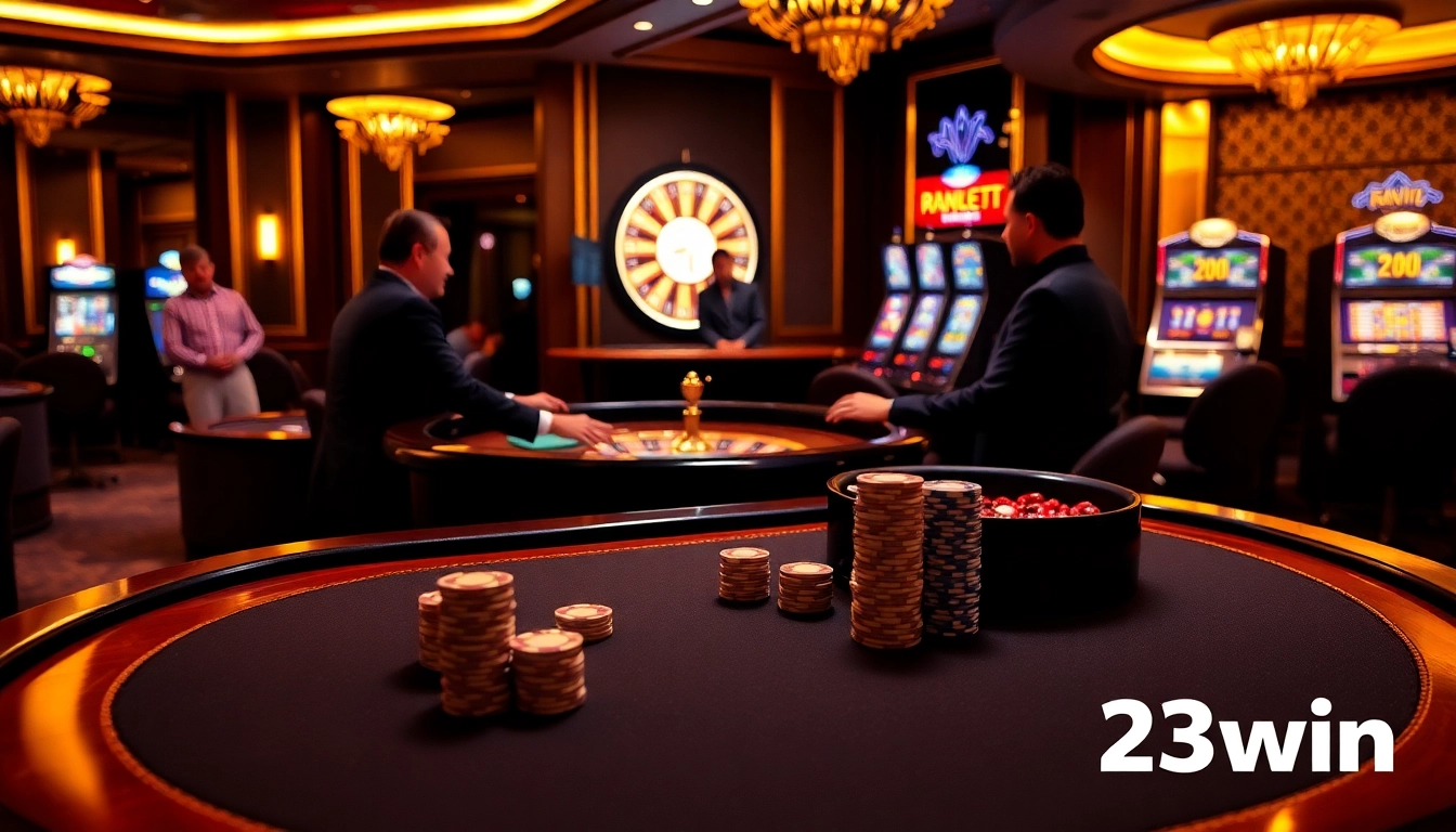 Players engaging in high-stakes poker at 23win's luxurious casino tables with vibrant slot machines.
