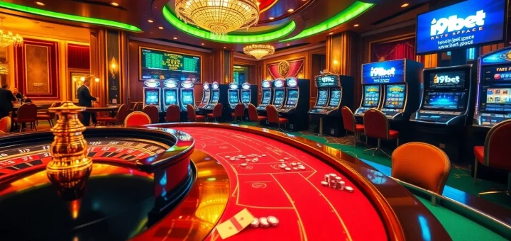 Experience the thrill of gaming with https://i9bet.space/, showcasing vibrant casino tables and roulette wheels.