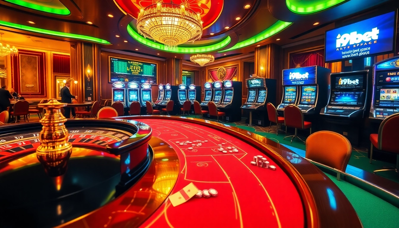 Experience the thrill of gaming with https://i9bet.space/, showcasing vibrant casino tables and roulette wheels.