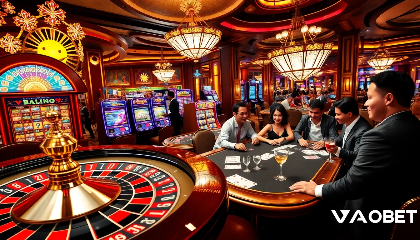 Experience the thrill of betting at VAOBET, featuring vibrant casino elements like roulette and poker.