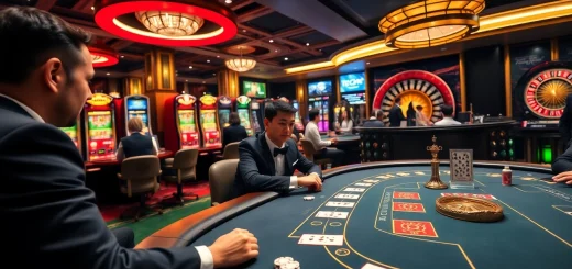 Engaging scene at Nhà Cái TX88 filled with poker tables, vibrant slot machines, and casino excitement.