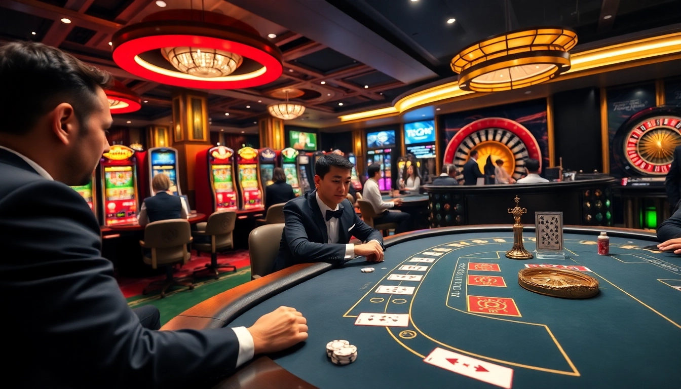 Engaging scene at Nhà Cái TX88 filled with poker tables, vibrant slot machines, and casino excitement.