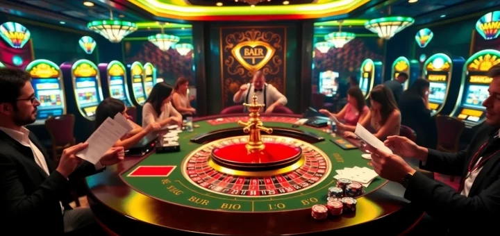 Players enjoying a thrilling game at the ku88bet roulette table, surrounded by vibrant casino lights.