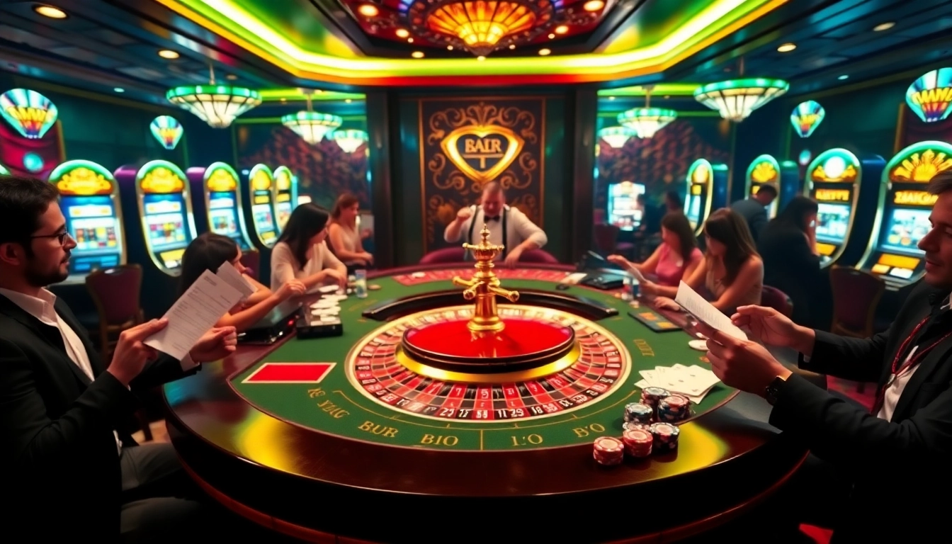 Players enjoying a thrilling game at the ku88bet roulette table, surrounded by vibrant casino lights.