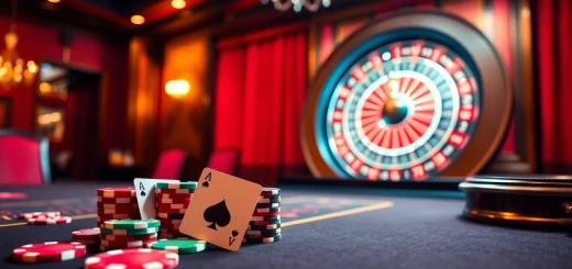 Engaging Vuabai9 casino gaming scene with vibrant poker chips, cards, and a roulette wheel.