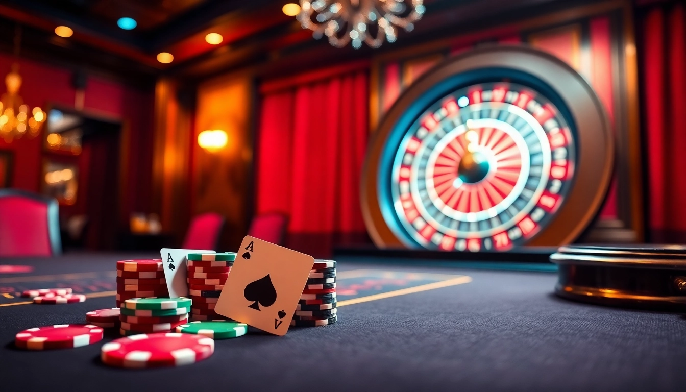 Engaging Vuabai9 casino gaming scene with vibrant poker chips, cards, and a roulette wheel.