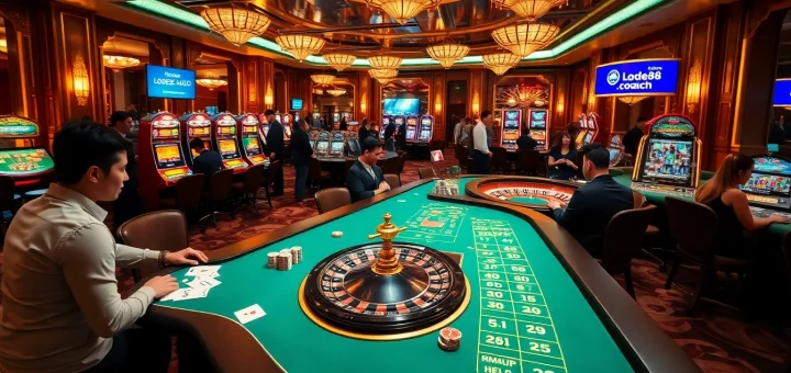 Engaged players enjoying a thrilling casino experience at https://lode88.coach/ with poker and roulette tables.
