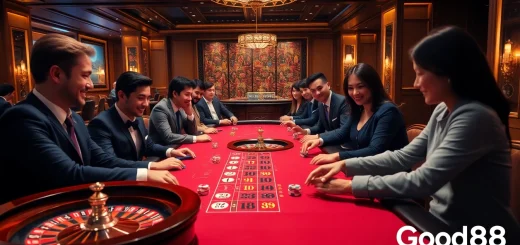 Players enjoying a dynamic casino game at Good88, showcasing excitement and luxury with vibrant poker chips.