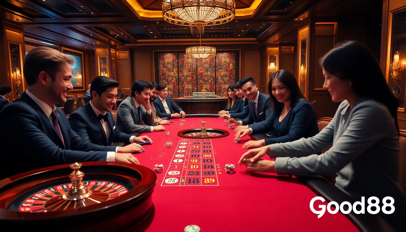 Players enjoying a dynamic casino game at Good88, showcasing excitement and luxury with vibrant poker chips.