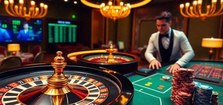 Experience the excitement of TRANG CHỦ LUCK8 with a vibrant online casino layout featuring a roulette wheel and poker chips.