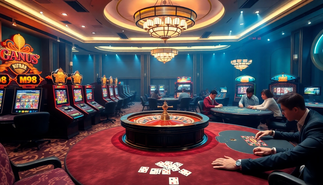 M98 Casino scene with roulette wheel, vibrant slot machines, and intense poker players.