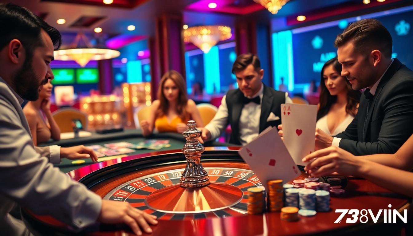 Players enjoying a thrilling game at 78WIN casino with poker chips and roulette wheel.