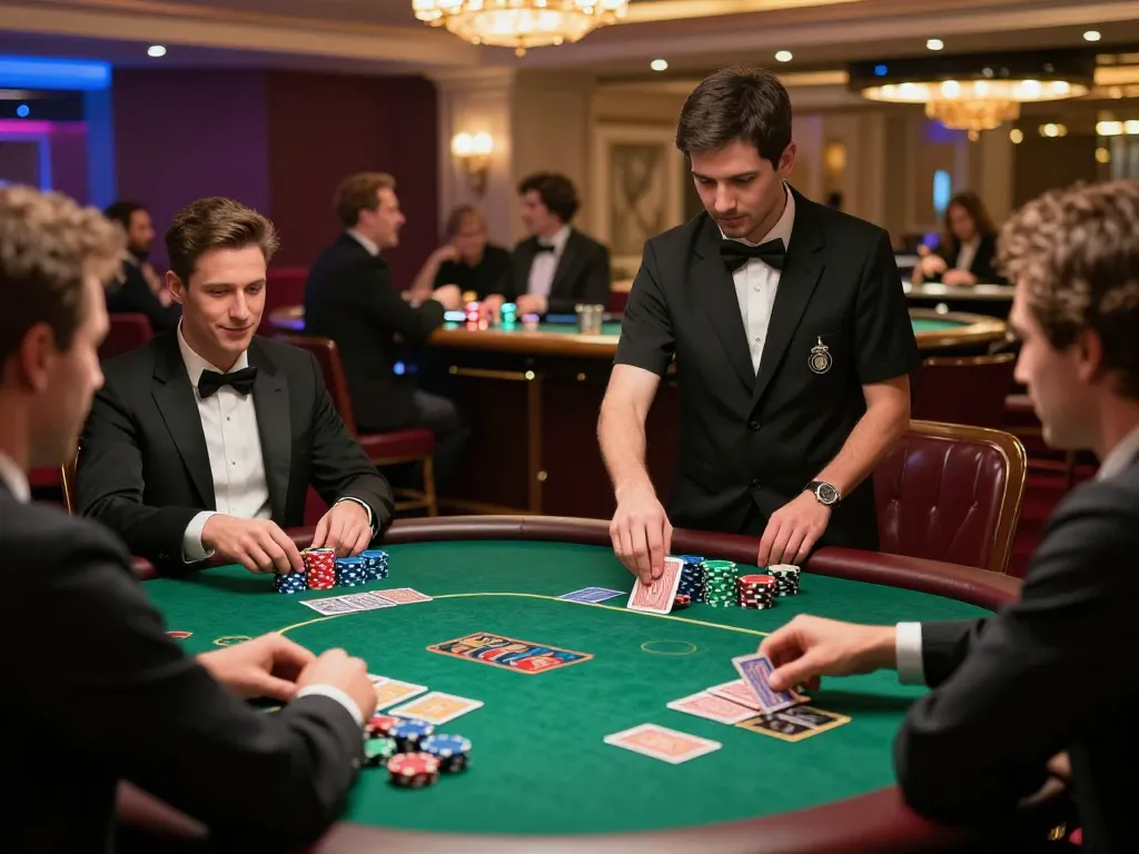 Players enjoying a strategic poker game at an upscale casino table with 9BET.