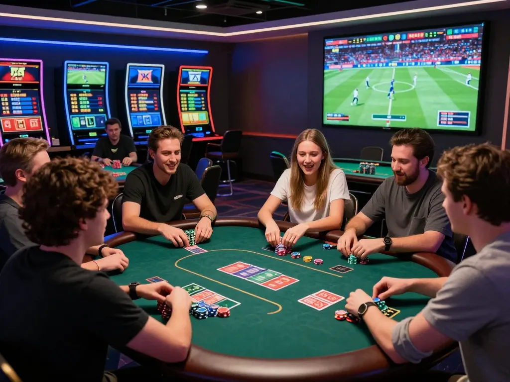 NET88 players enjoying an exciting online betting experience in a modern venue with vibrant ambiance