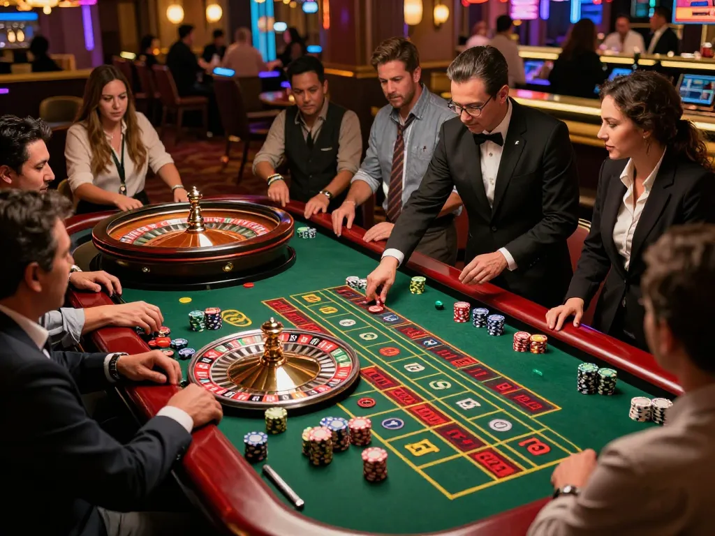 Players enjoying an engaging roulette game at a luxurious casino, highlighting DA88 excitement and vibrant atmosphere.