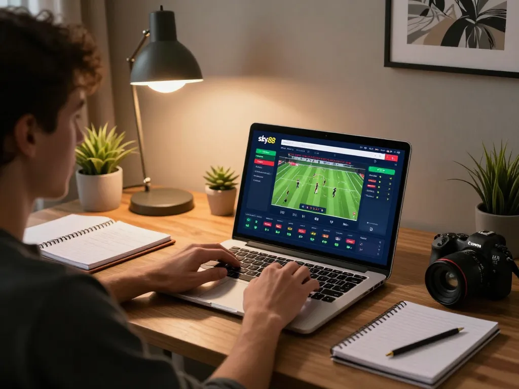 Excited player engaged in Cá cược Sky88 online sports betting with laptop interface, focused on strategic gameplay.