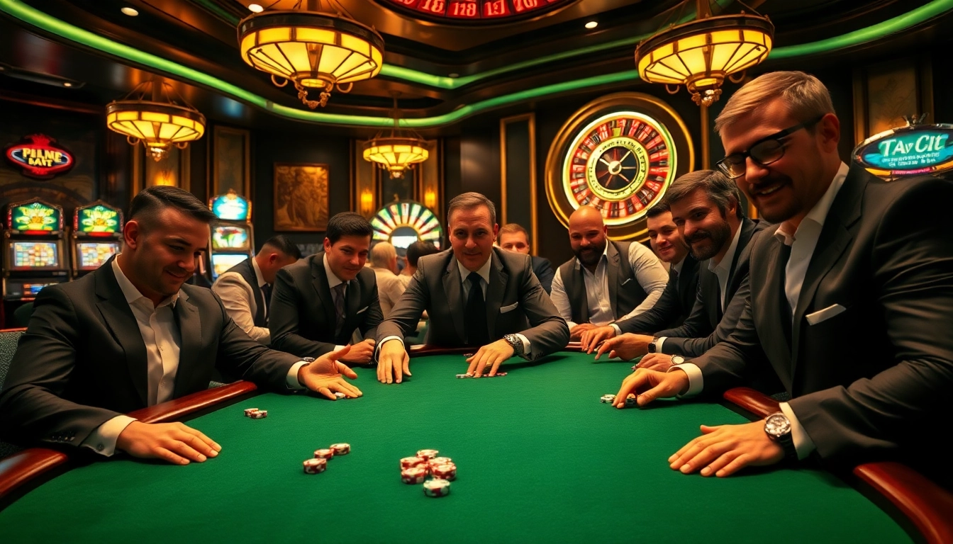 Man club atmosphere at a high-stakes poker table, showcasing professional gamblers.