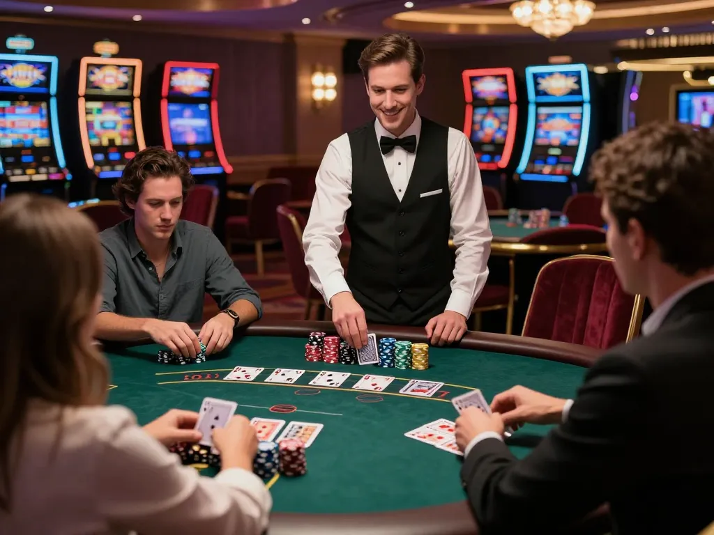 MAX88 players analyzing their hands at an exciting blackjack table in a luxurious casino.
