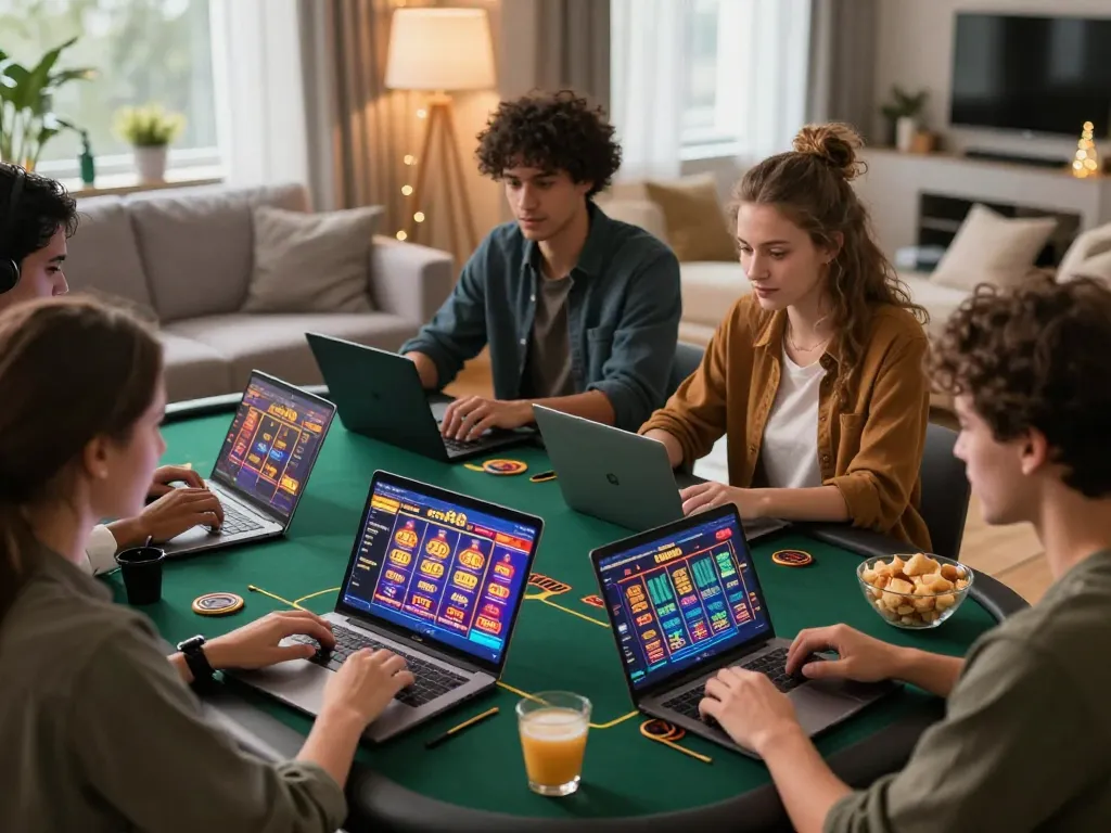 cm88 online gaming excitement in a cozy setting with friends focused on laptops and mobile devices