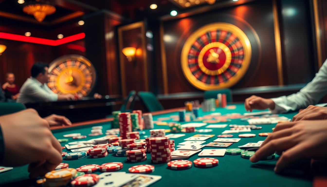 Experience game bài excitement with vibrant poker chips and cards on a casino table.
