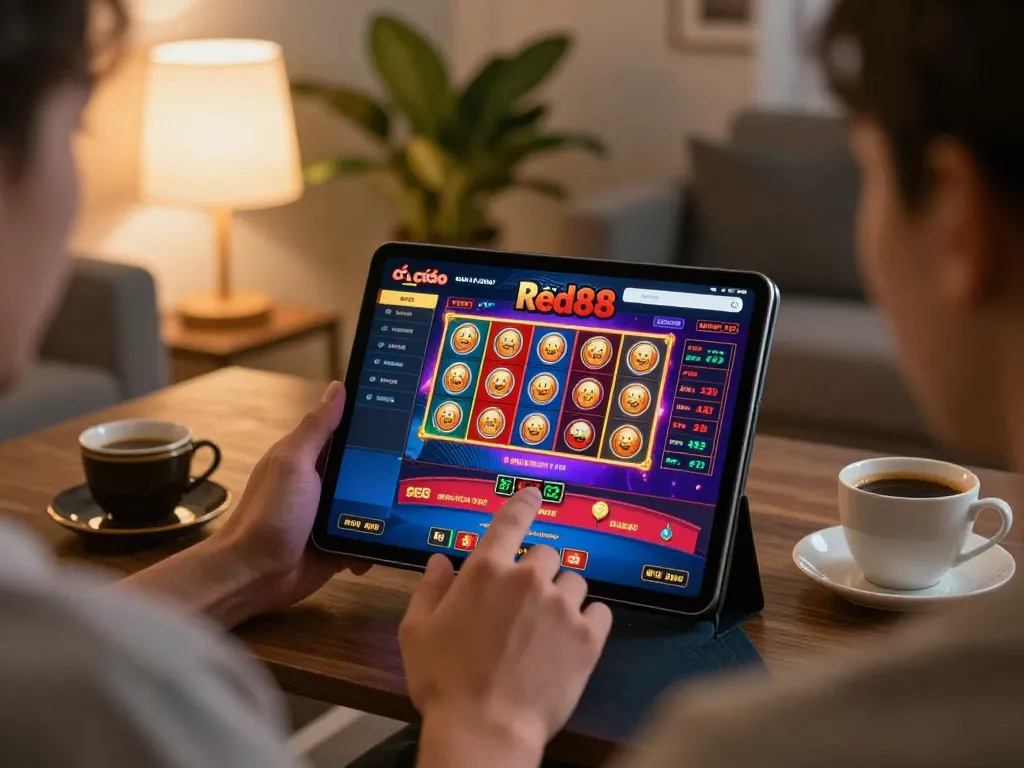 Cá cược Red88 gameplay interface displayed on a tablet in a cozy home setting, inviting atmosphere for strategic gaming