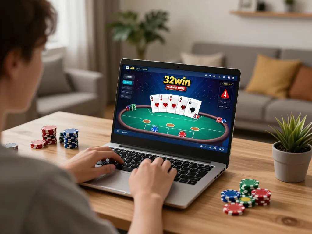 Engaging player immersed in a 32win online poker game, showcasing excitement and strategy in a cozy home setting.