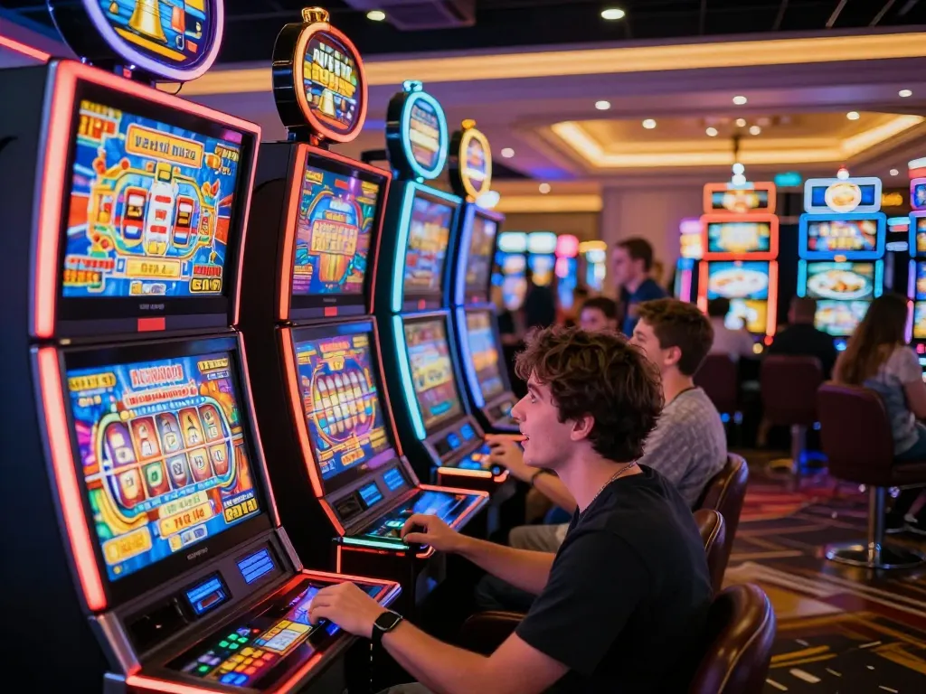 Enjoying Da88 slots action with players engaged and vibrant neon lights illuminating the casino floor