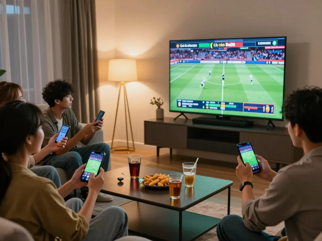 Cá cược Da88 highlights friends engaging in sports betting, using smartphones in a cozy living room.