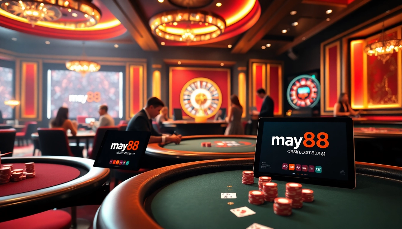 Engaging casino scene showcasing may88 com with players at blackjack and roulette tables, emphasizing luxury and excitement.