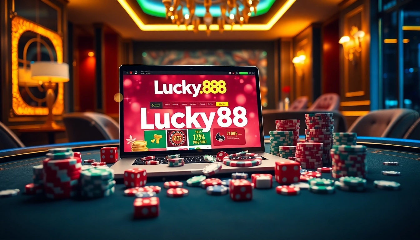 Lucky88 đăng nhập on a vibrant online gambling interface showcasing casino chips and cards.