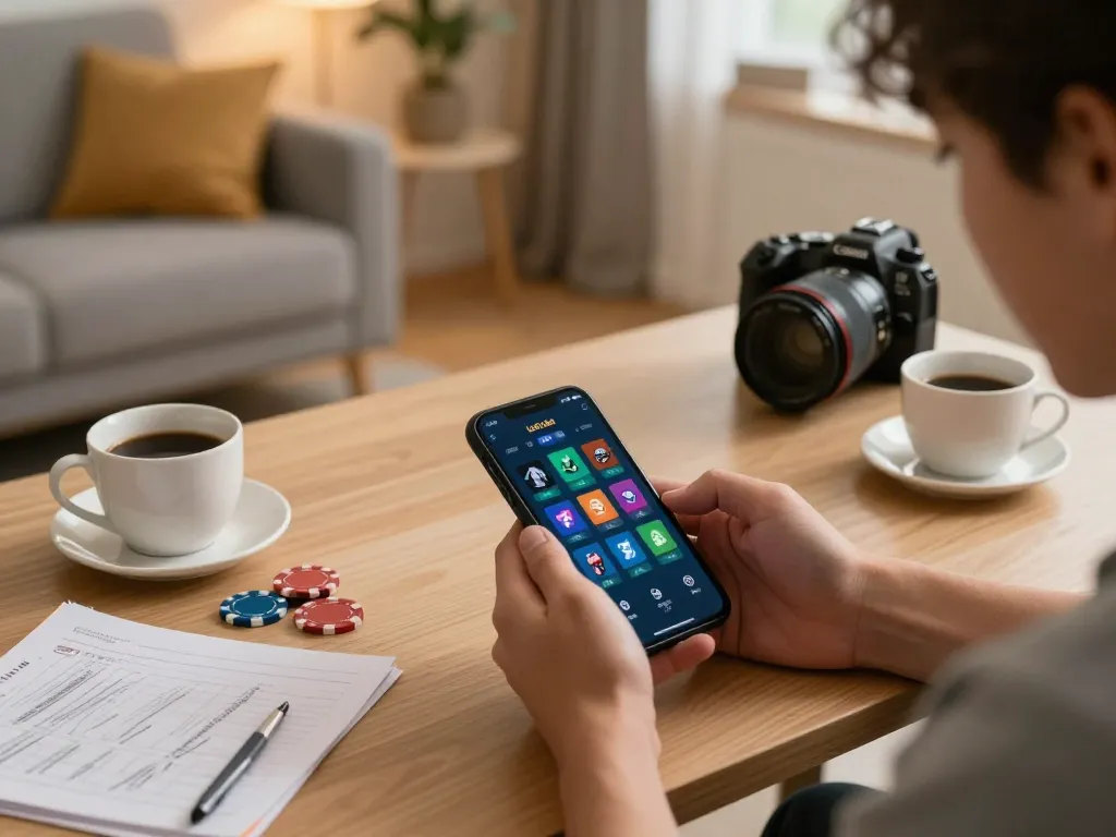 Gamer enjoying the lc88 club mobile app on smartphone, showcasing a vibrant gaming environment.