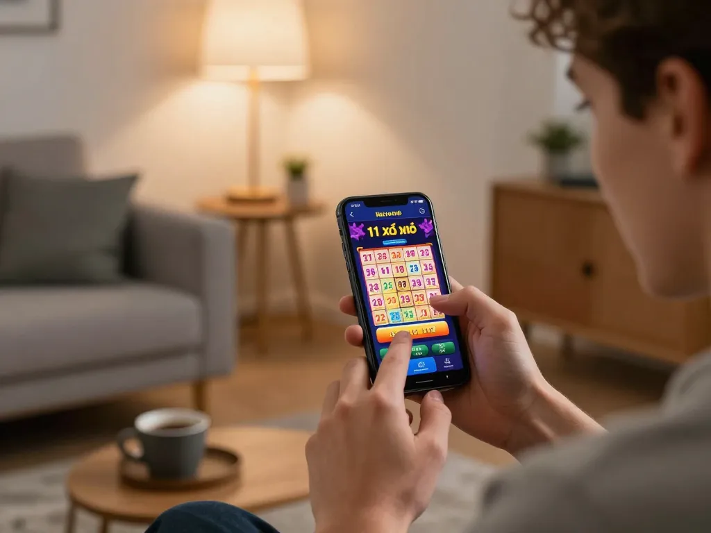 Player engaging with 11 bet xổ số on smartphone, showcasing mobile gambling excitement.
