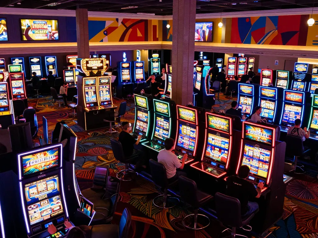 Players enjoying exciting slot machines at the Red88 casino, with colorful lights enhancing the gaming experience.