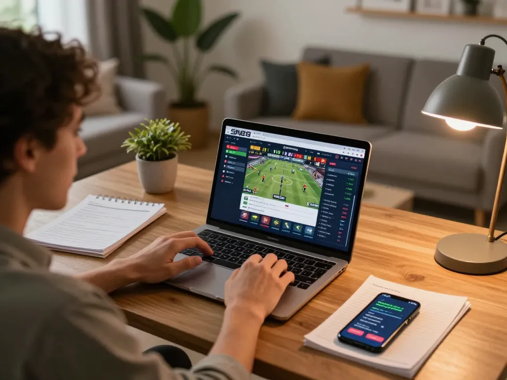 Engaging with the SIN88 online sports betting interface at home, analyzing live stats for winning strategies