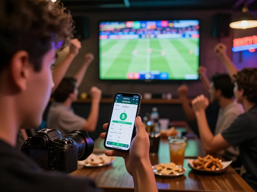 Engaged bettor checking tỷ lệ kèo nhà cái 5 on a smartphone while enjoying a lively sports bar atmosphere