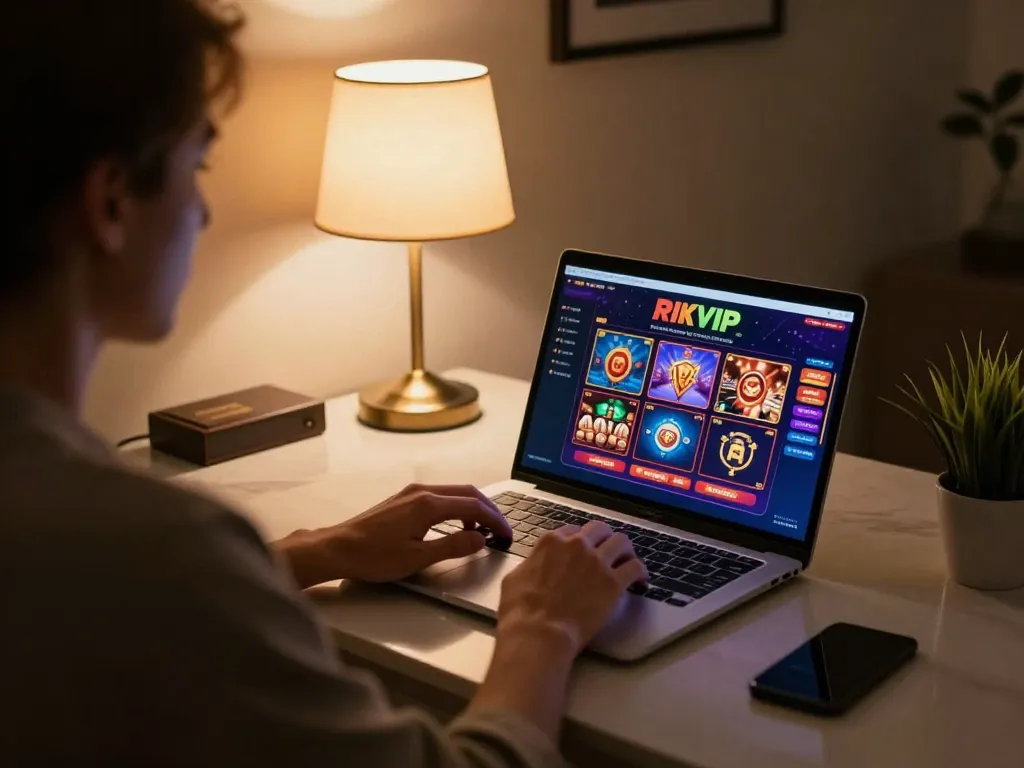 Engaged player using RIKVIP platform for online casino games in a cozy setup.